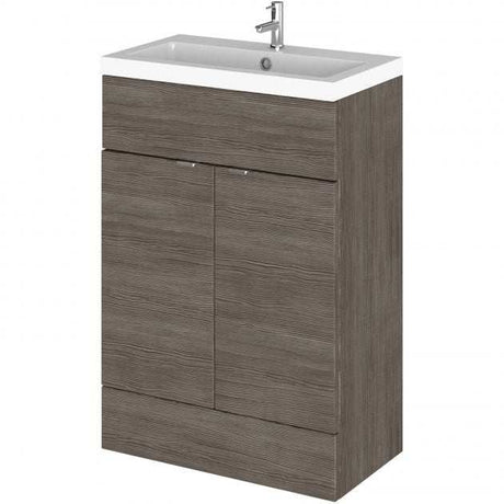 Brown grey Avola floor standing vanity unit with 600mm wide rectangular basin and storage cabinet