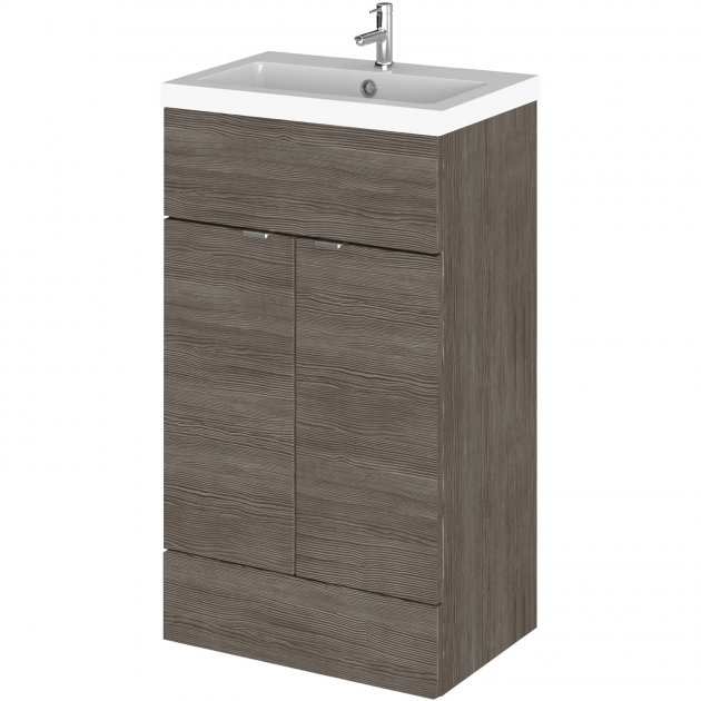 Hudson Reed Fusion floor standing 2-doors vanity unit with integrated basin in brown grey Avola wood finish, 500mm wide