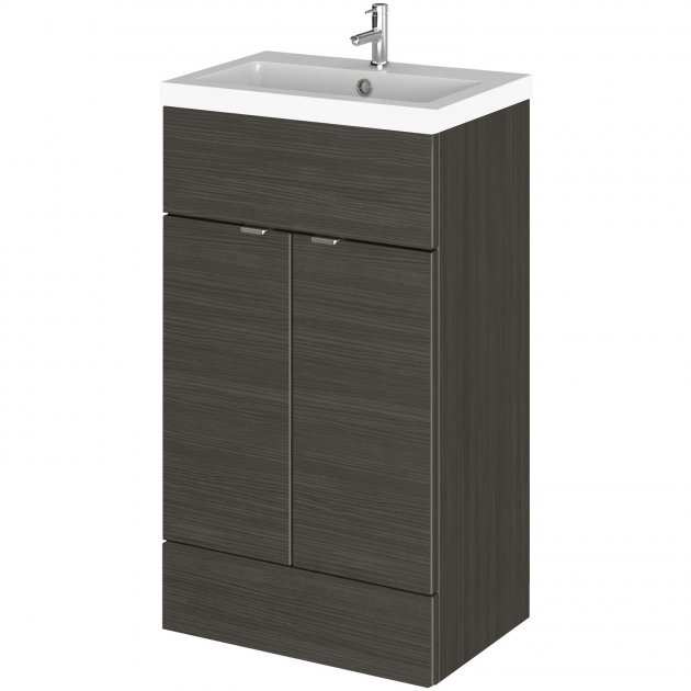 Hudson Reed Fusion modern floor standing vanity unit in Hacienda Black with rectangular basin and storage, 500mm wide