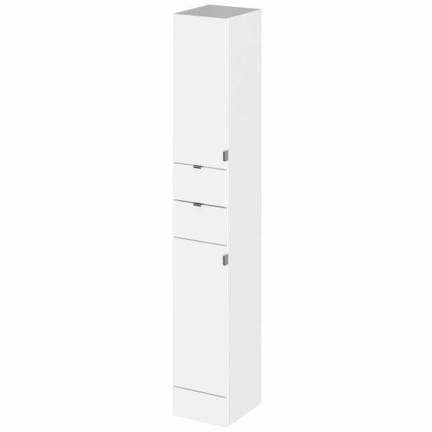 Hudson Reed Fusion modern tall bathroom tower unit in gloss white with 300mm width and multiple storage compartments