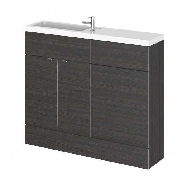 Hudson Reed Fusion modern compact combination unit with slimline basin in Hacienda Black, 1000mm wide bathroom vanity and WC housing.