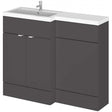 Hudson Reed Fusion modern L shape left-hand basin combination unit in gloss grey with storage and white countertop.