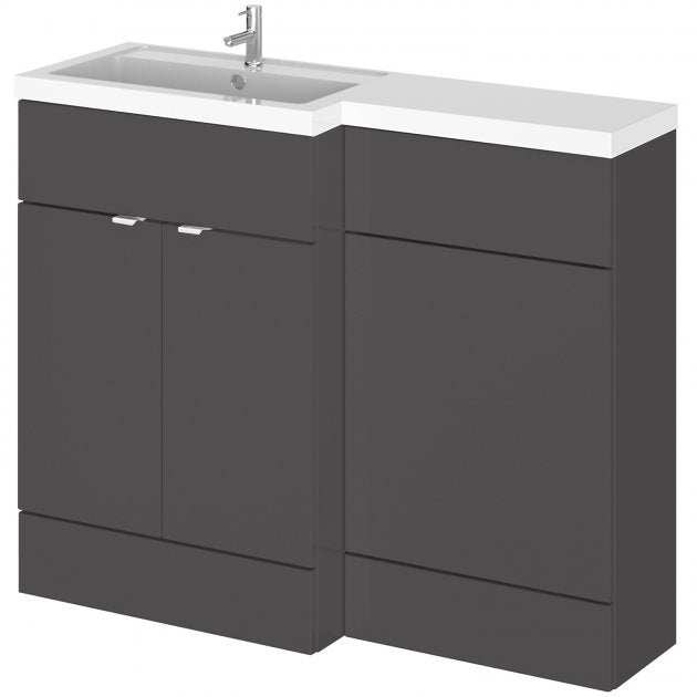 Hudson Reed Fusion modern L shape left-hand basin combination unit in gloss grey with storage and white countertop.