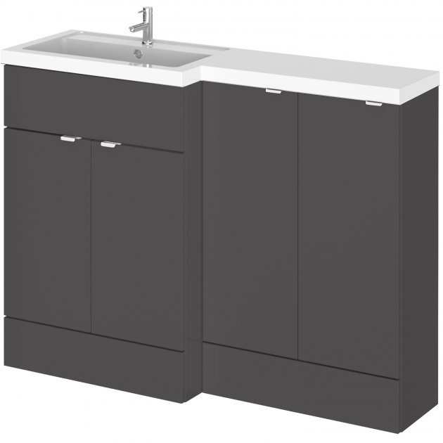 Hudson Reed Fusion modern 1200mm wide gloss grey left-hand bathroom base unit with sink and storage