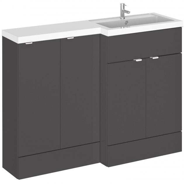 Hudson Reed Fusion modern gloss grey 1200mm wide bathroom base unit with sink and right-hand combination storage.