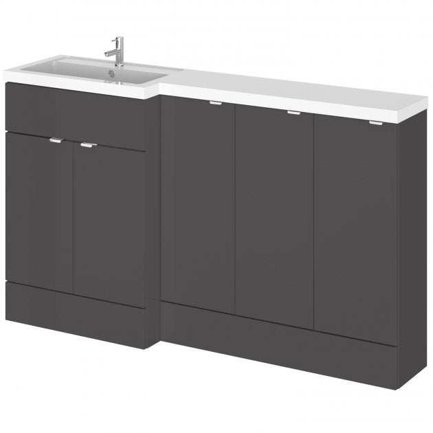 Hudson Reed Fusion modern gloss grey LH combination bathroom unit with three 300mm base cabinets and integrated sink