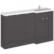 Hudson Reed Fusion modern gloss grey RH combination bathroom unit with three 300mm base cabinets and white countertop with integrated sink.