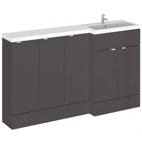 Hudson Reed Fusion modern gloss grey RH combination bathroom unit with three 300mm base cabinets and white countertop with integrated sink.