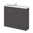 Hudson Reed Fusion modern compact bathroom unit with slimline acrylic basin in gloss grey, 1000mm wide, featuring soft-close doors and integrated vanity storage.
