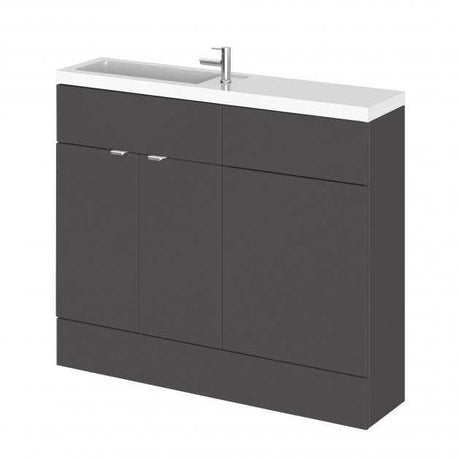 Hudson Reed Fusion modern compact bathroom unit with slimline acrylic basin in gloss grey, 1000mm wide, featuring soft-close doors and integrated vanity storage.