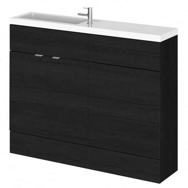 Hudson Reed Fusion compact bathroom unit with black two-door cabinet and slimline white basin 1100mm wide