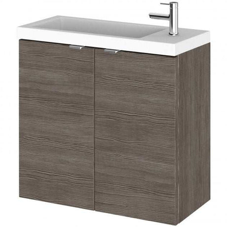 Hudson Reed Fusion 600mm wall hung bathroom vanity unit with compact basin in brown grey Avola finish and two doors for storage