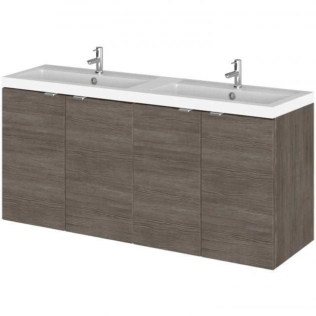 Hudson Reed Fusion wall hung vanity unit with double basin and four-door storage in brown grey avola finish