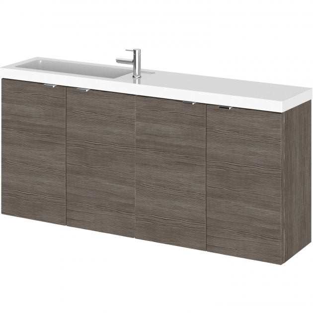 Hudson Reed Fusion 1200mm wide wall hung vanity unit with compact basin in brown grey Avola finish and four-door storage