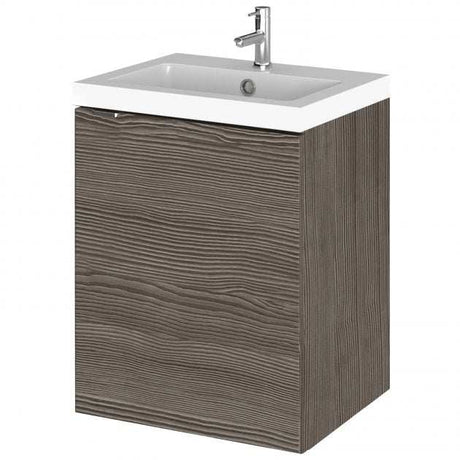Hudson Reed Fusion 400mm wide wall hung vanity unit in brown grey Avola with ceramic basin and single door storage
