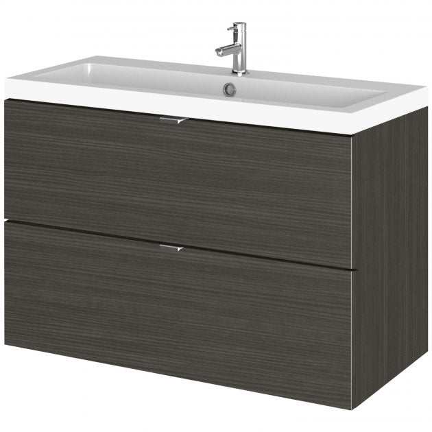 Hudson Reed Fusion 800mm wide wall hung vanity unit with two drawers and rectangular basin in Hacienda black finish