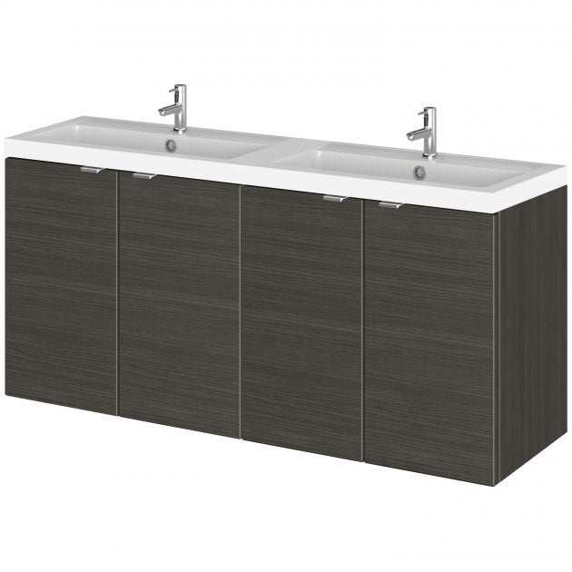 Hudson Reed Fusion wall-hung vanity unit with four doors and rectangular double basin in Hacienda black, 1200mm wide, modern bathroom storage solution