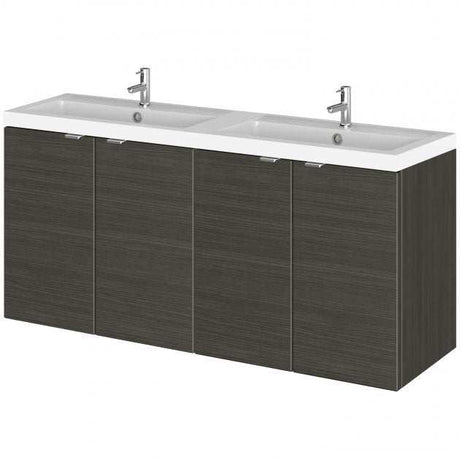 Hudson Reed Fusion wall-hung vanity unit with four doors and rectangular double basin in Hacienda black, 1200mm wide, modern bathroom storage solution