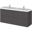 Hudson Reed Fusion 1200mm wide gloss grey wall hung vanity unit with double basin and four drawers