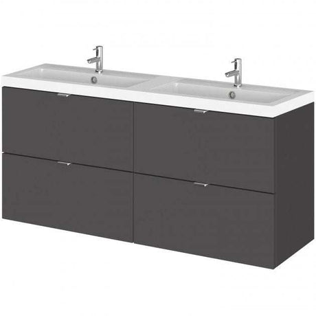 Hudson Reed Fusion 1200mm wide gloss grey wall hung vanity unit with double basin and four drawers