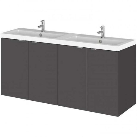 Hudson Reed Fusion 1200mm wide gloss grey wall hung vanity unit with double polymarble basin and four soft-close doors
