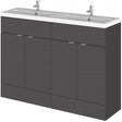 Hudson Reed Fusion gloss grey floor standing vanity unit with double basin and four doors, 1200mm wide.