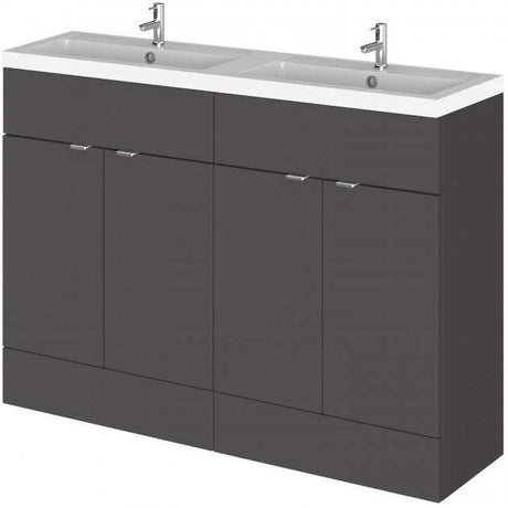 Hudson Reed Fusion gloss grey floor standing vanity unit with double basin and four doors, 1200mm wide.