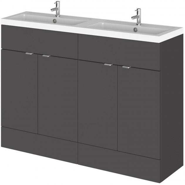 Hudson Reed Fusion gloss grey floor standing vanity unit with double basin and four doors, 1200mm wide.