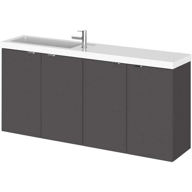 Hudson Reed Fusion 1200mm wide gloss grey 4-door wall hung vanity unit with compact polymarble basin