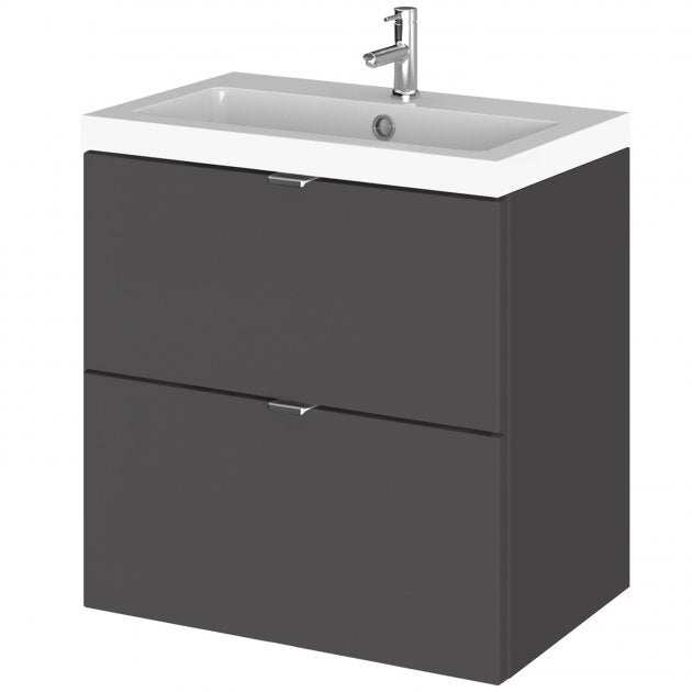 Hudson Reed Fusion Modern wall hung vanity unit with gloss grey 2 drawers and white ceramic basin 500mm wide