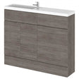 Hudson Reed Fusion compact slimline basin combination unit in brown grey Avola finish, 1100mm wide with integrated white basin and storage cabinet.