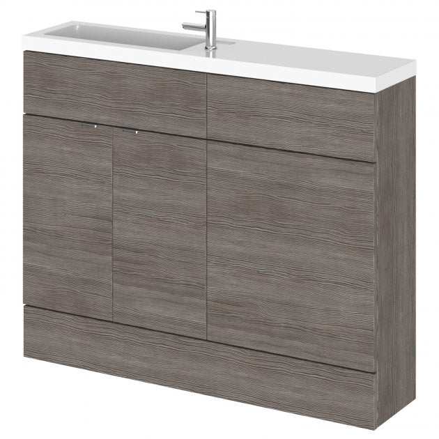 Hudson Reed Fusion compact slimline basin combination unit in brown grey Avola finish, 1100mm wide with integrated white basin and storage cabinet.