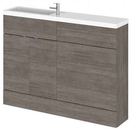 Hudson Reed Fusion compact floor standing bathroom combination unit in brown grey Avola finish with integrated 600mm WC unit and white basin top.