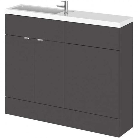 Hudson Reed Fusion modern compact bathroom combination unit with gloss grey finish and rectangular slimline basin, 1100mm wide