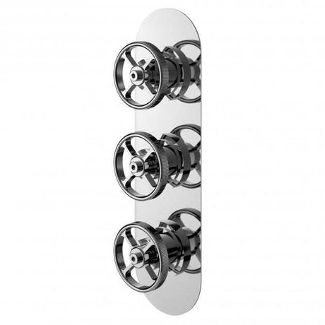 Chrome triple handle concealed shower valve with industrial design for precise temperature and flow control