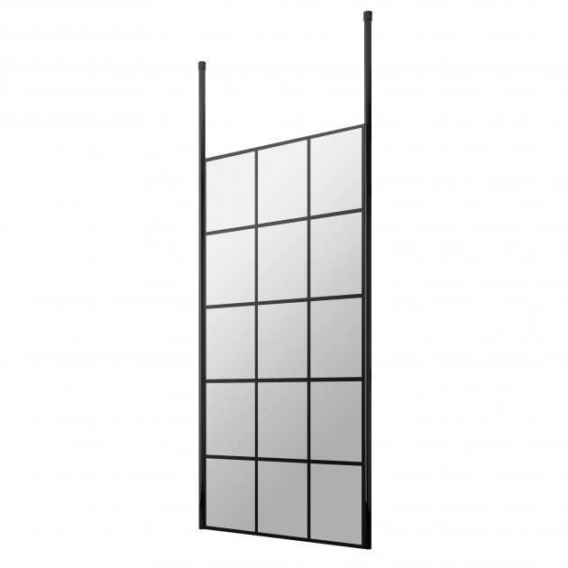 Hudson Reed Ceiling Post Frame wet room screen with 900mm-wide 8mm tempered glass and black grid design.