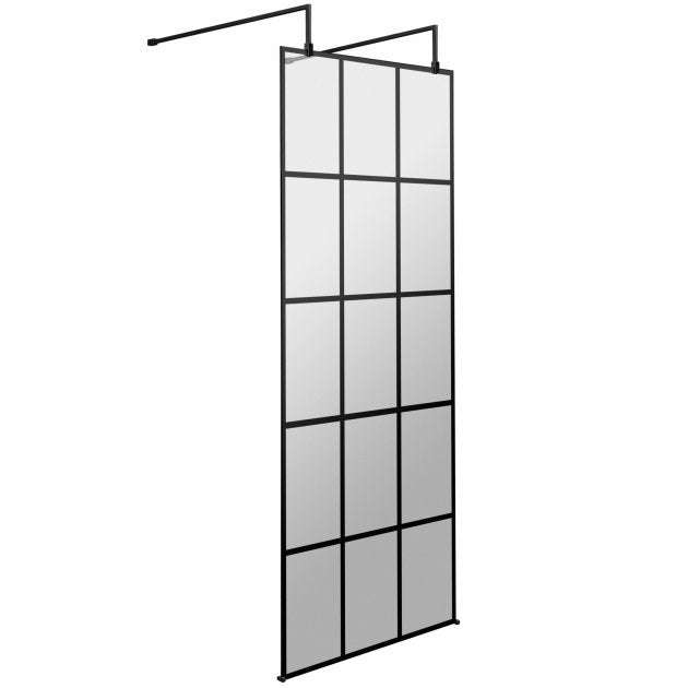Hudson Reed 8mm glass frame effect wet room screen with matt black support arms and feet, 700mm wide shower partition panel