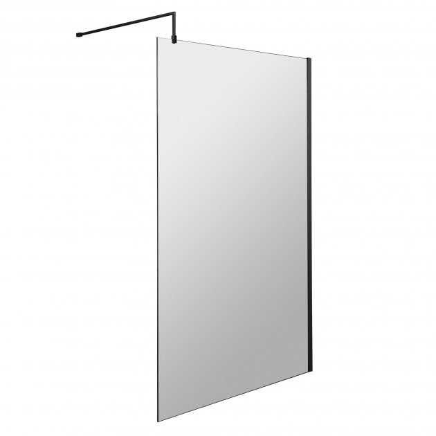 Hudson Reed black support bar wet room screen with 8mm clear glass and matte black frame, 1200mm wide