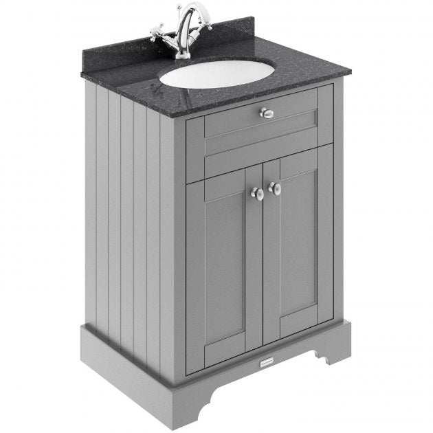 Hudson Reed Old London storm grey floor standing vanity unit with black marble top basin and storage cabinet