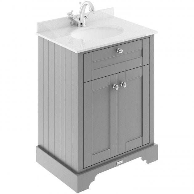 Hudson Reed Old London traditional floor standing vanity unit in storm grey with white marble top basin and single tap hole, 600mm wide