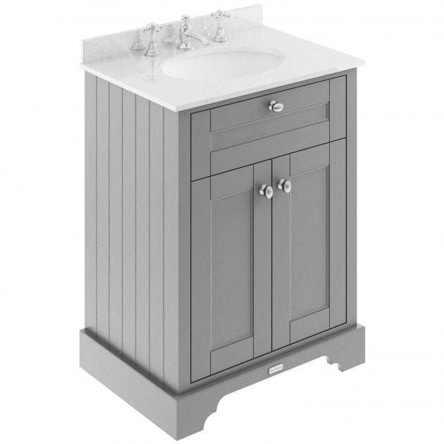 Hudson Reed Old London storm grey traditional floor standing vanity unit with white marble top and three tap holes, 600mm wide.