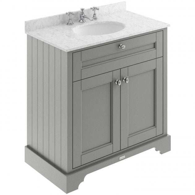 Hudson Reed Old London traditional floor standing vanity unit in storm grey with 3TH grey marble top basin and 800mm width