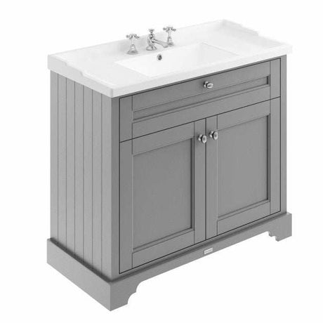 Hudson Reed Old London traditional floor standing bathroom vanity unit with 3 tap hole basin in storm grey finish, 1000mm wide