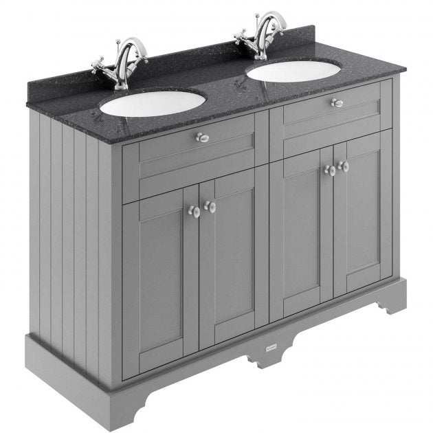 Hudson Reed Old London storm grey floor standing vanity unit with double black marble top basins and shaker-style cabinetry