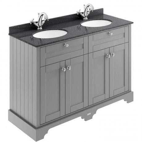 Hudson Reed Old London storm grey floor standing vanity unit with double black marble top basins and shaker-style cabinetry