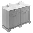 Old London traditional floor-standing vanity unit in storm grey with white marble double basin top and soft-close doors