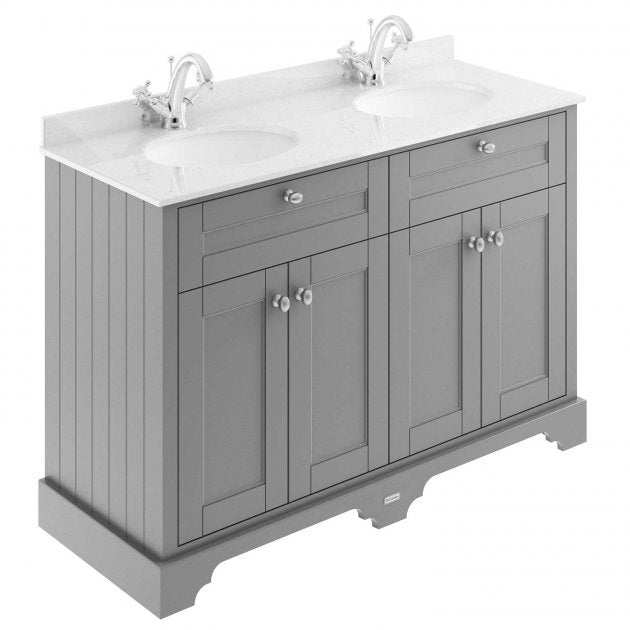 Old London traditional floor-standing vanity unit in storm grey with white marble double basin top and soft-close doors