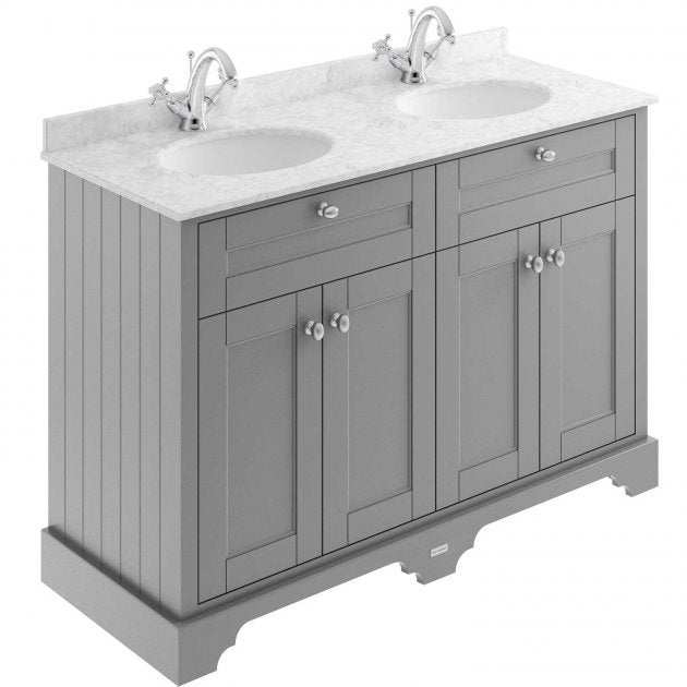 Hudson Reed Old London traditional storm grey floor standing vanity unit with double grey marble top basins and storage cabinets