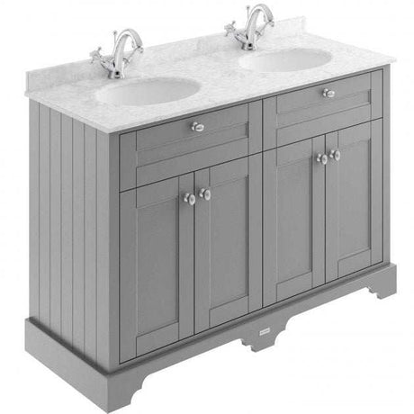 Hudson Reed Old London traditional storm grey floor standing vanity unit with double grey marble top basins and storage cabinets