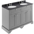 Hudson Reed Old London traditional floor standing bathroom vanity unit in storm grey with double sinks and marble countertop